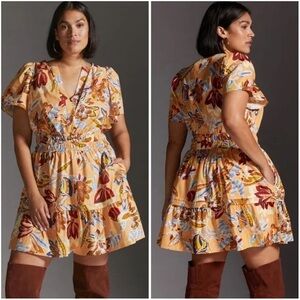 Anthropologie Somerset Orange Floral Short Sleeve Dress mini